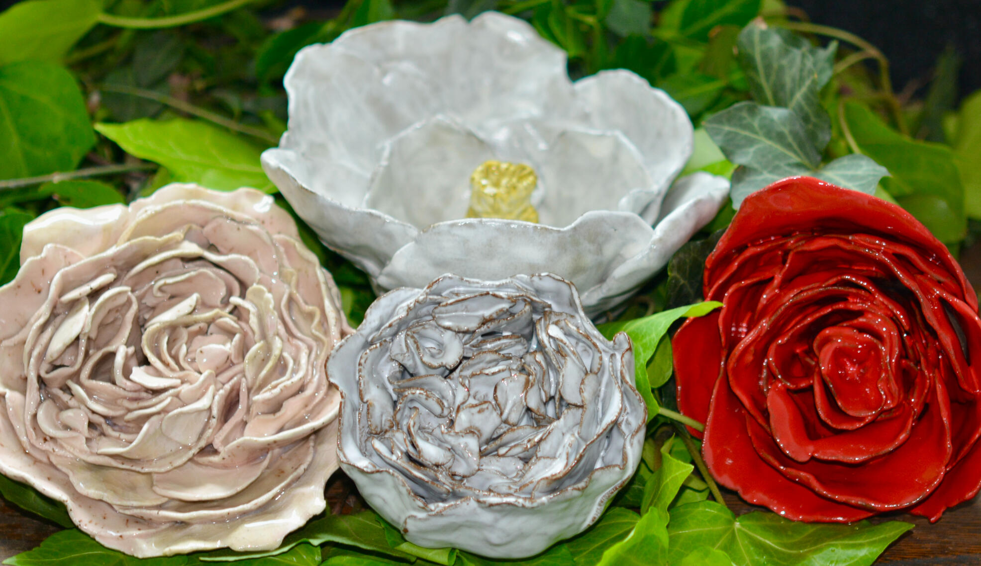 Handmade Ceramic Flowers -- Peonies, Magnolia and Rose